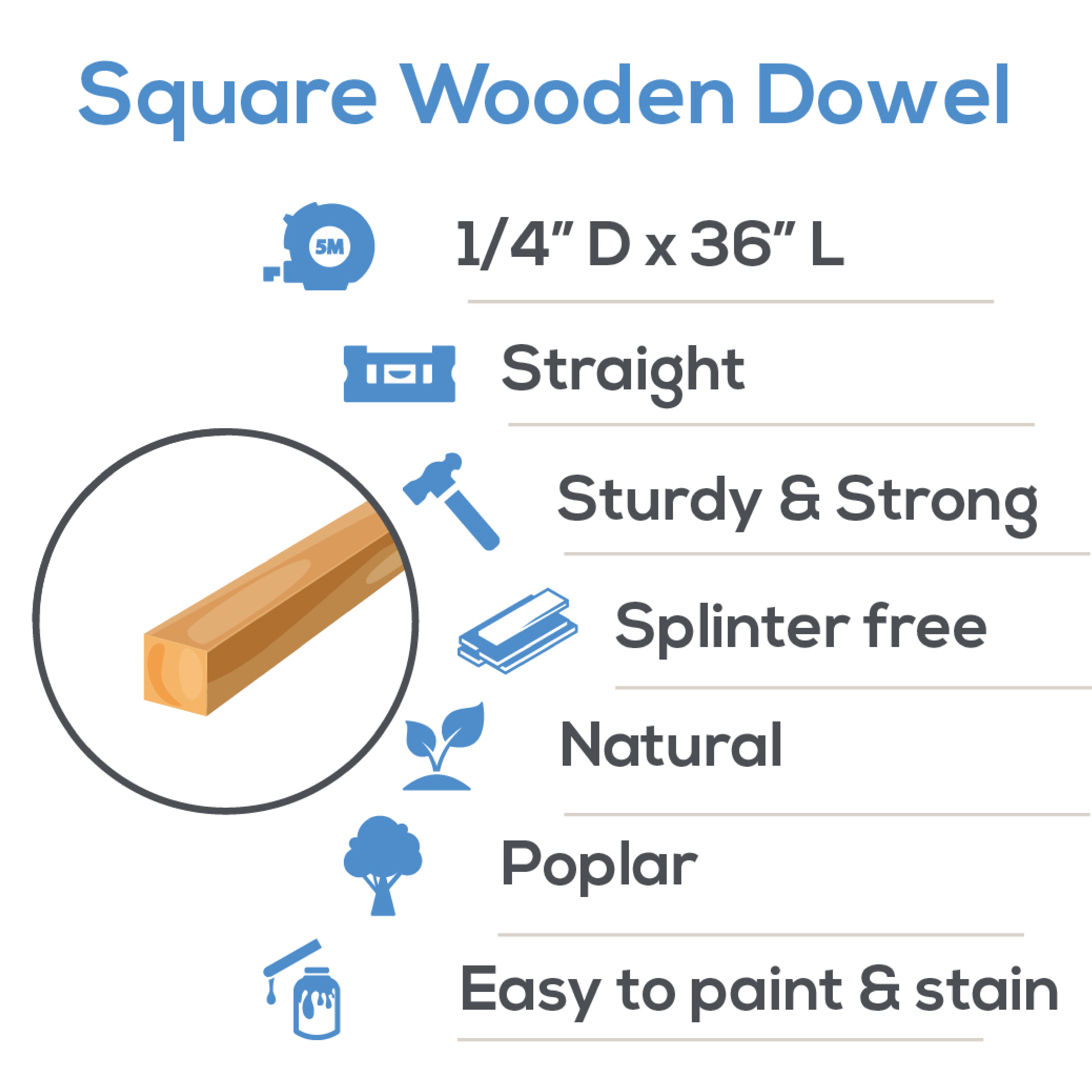 Wood Square Dowel Rods 1/4-inch x 36 Pack of 10 Wooden Craft Sticks for  Crafts and Woodworking by Woodpeckers 